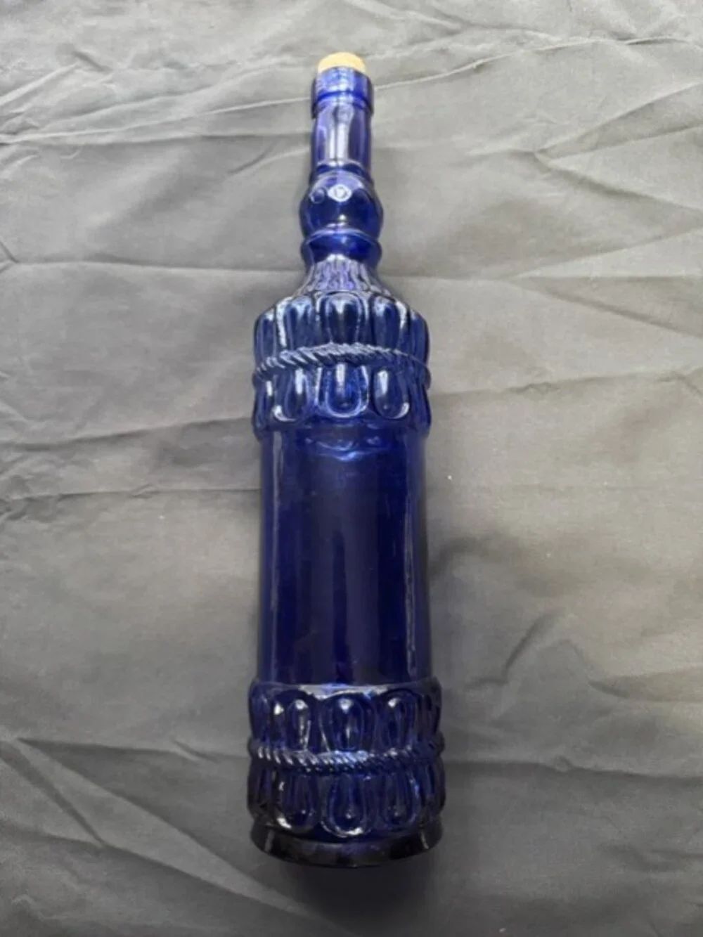 Vintage Cobalt Blue Glass Embossed Bottle 13" w Cork Home Decor and Decoration